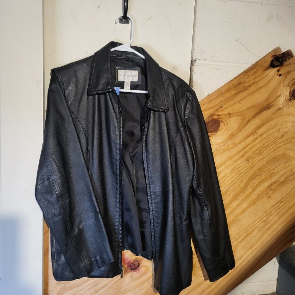 Worthington Black Leather Zip-Up Jacket - Women's Petite Large (PL)